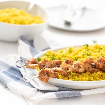 Cajun-Inspired Shrimp Skewers with Turmeric-Bay Cauliflower Rice