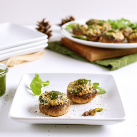 Pistachio and Pesto-Stuffed Mushrooms