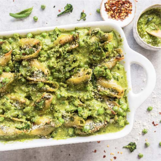 Spring Stuffed Shells with Spinach, Ricotta, Broccoli Rabe and Peas