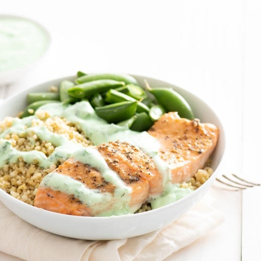 Lemon and Black Pepper Salmon Bowl with Green Goddess Sauce